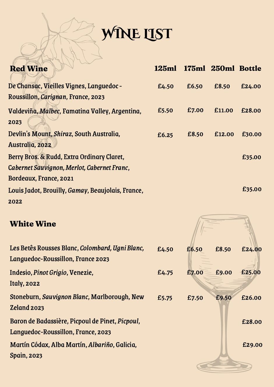Hadley Wood Golf Club - wine list